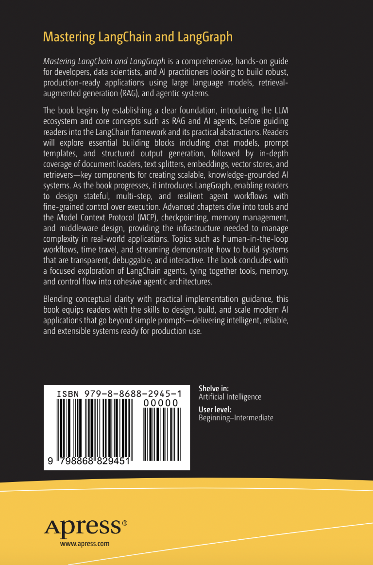Mastering LangChain and LangGraph - LangGraph Book Back Cover detailing course modules